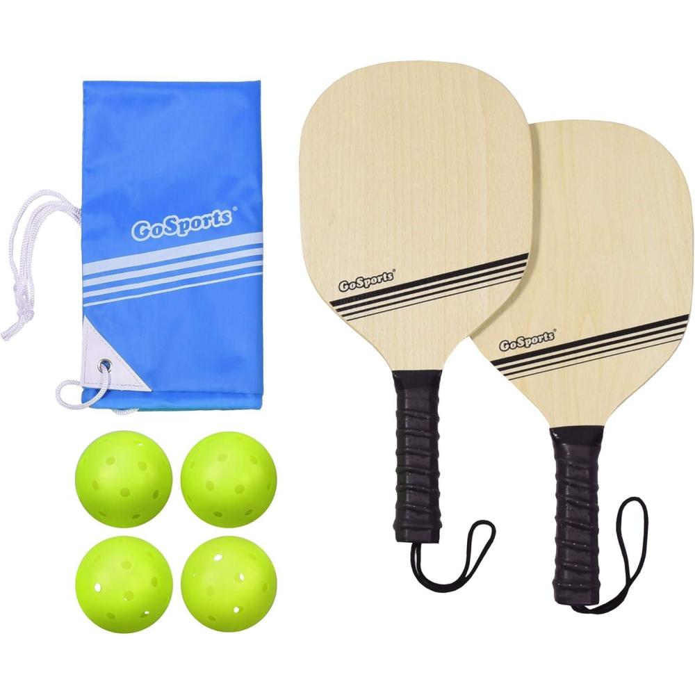 imageGoSports Wood Pickle Ball Starter Set  Includes 2 Wooden Paddles 4 Official Pickleballs ampamp Backpack Tote