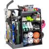 GoSports Premium Wooden Sports Equipment Organizer with Storage Hooks – Golf Bag Rack and Multi-Sport Ball Bin for Garage