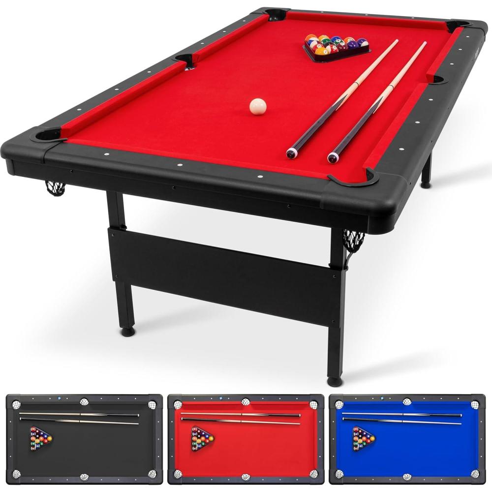 imageGoSports 6 7 or 8 ft Billiards Tables  No Assembly Choose Your Color  Portable Pool Table Includes Full Set of Balls 2 Cue Sticks Chalk and Felt Brush7ft Red