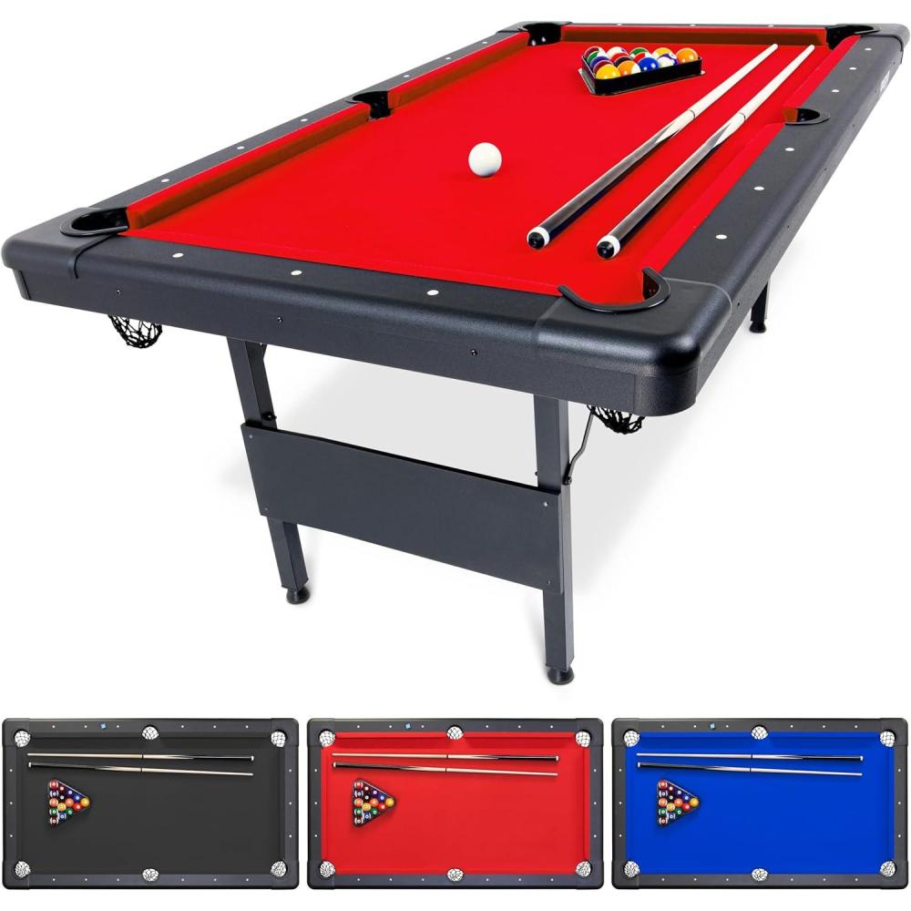 imageGoSports 6 7 or 8 ft Billiards Tables  No Assembly Choose Your Color  Portable Pool Table Includes Full Set of Balls 2 Cue Sticks Chalk and Felt Brush6ft Red