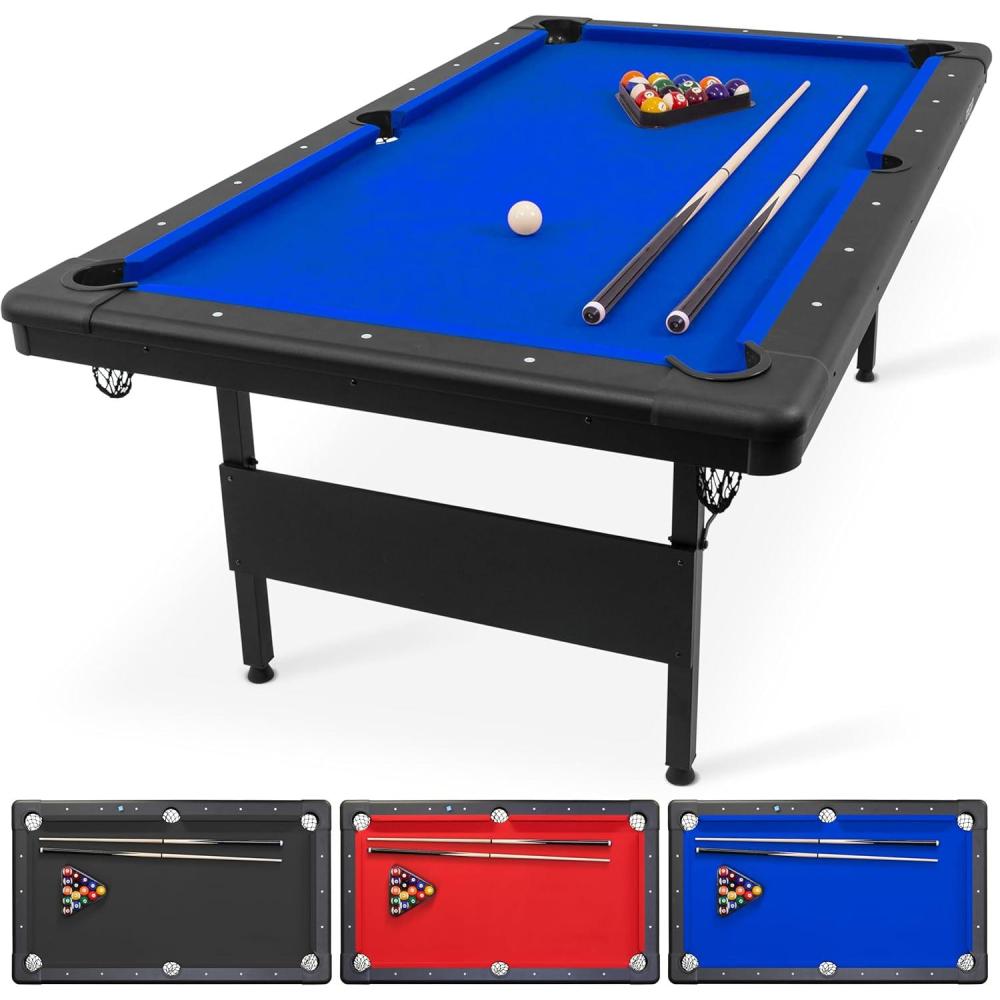 imageGoSports 6 7 or 8 ft Billiards Tables  No Assembly Choose Your Color  Portable Pool Table Includes Full Set of Balls 2 Cue Sticks Chalk and Felt Brush7ft Blue