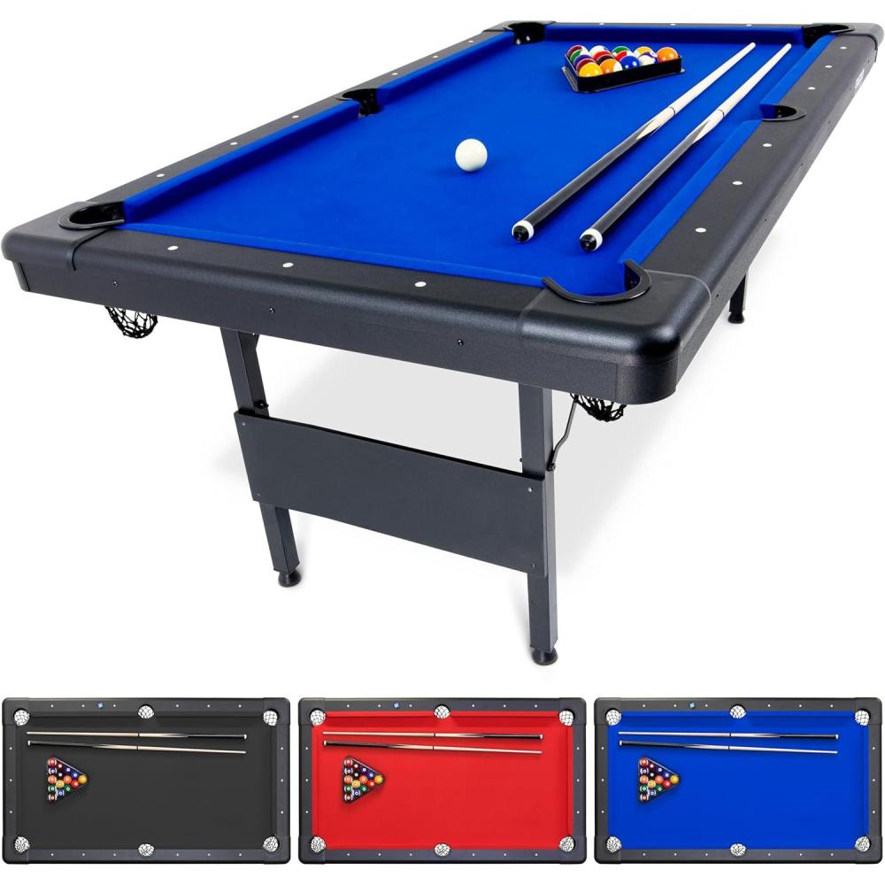 imageGoSports 6 7 or 8 ft Billiards Tables  No Assembly Choose Your Color  Portable Pool Table Includes Full Set of Balls 2 Cue Sticks Chalk and Felt Brush6ft Blue