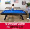 GoSports 8 ft Pool Tables with Wood Finish – Choose Your Style – Modern Billiards Table with 2 Cue Sticks, Balls, Rack, Felt Brush and Chalk(Blue  Black Wood Finish)