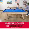 GoSports 8 ft Pool Tables with Wood Finish – Choose Your Style – Modern Billiards Table with 2 Cue Sticks, Balls, Rack, Felt Brush and Chalk(Blue  Brown Wood Finish)