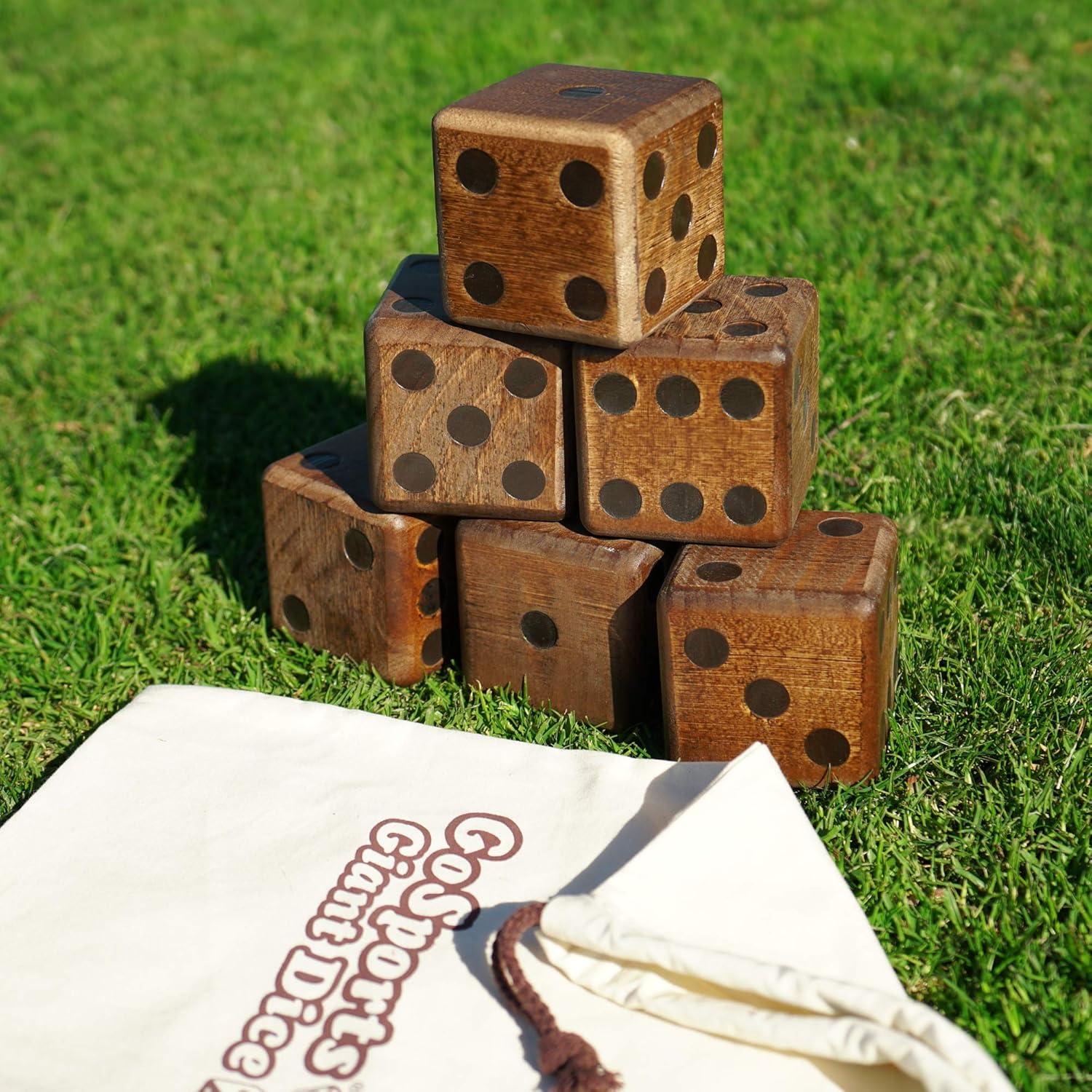 imageGoSports Giant Wooden Playing Dice Set with Rollzee and Farkle Scoreboard Includes 6 Dice DryErase Scoreboard and Canvas Tote Bag Choose 25 Inch or 35 Inch Dice35 Inch Stained Wood Dice