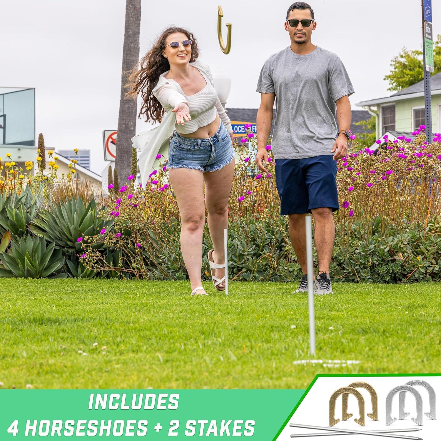 imageGoSports Steel Horseshoes Outdoor Game Set Gold ampamp Silver or Red ampamp Blue Official Size and WeightGold Silver