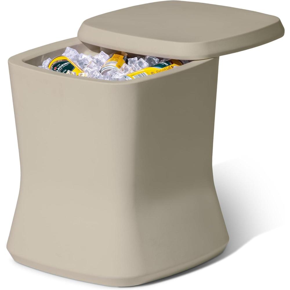 imageCoast Modern Outdoor Side Table Cooler 2 in 1 Patio Decor Storage Table ampamp Ice Chest 25 QT White Gray Sand Stone BlueSand