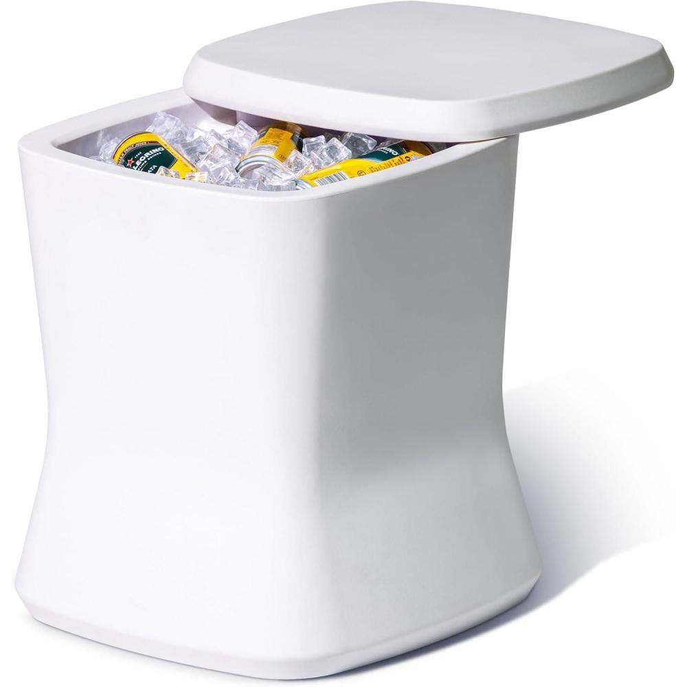 imageCoast Modern Outdoor Side Table Cooler 2 in 1 Patio Decor Storage Table ampamp Ice Chest 25 QT White Gray Sand Stone BlueWhite