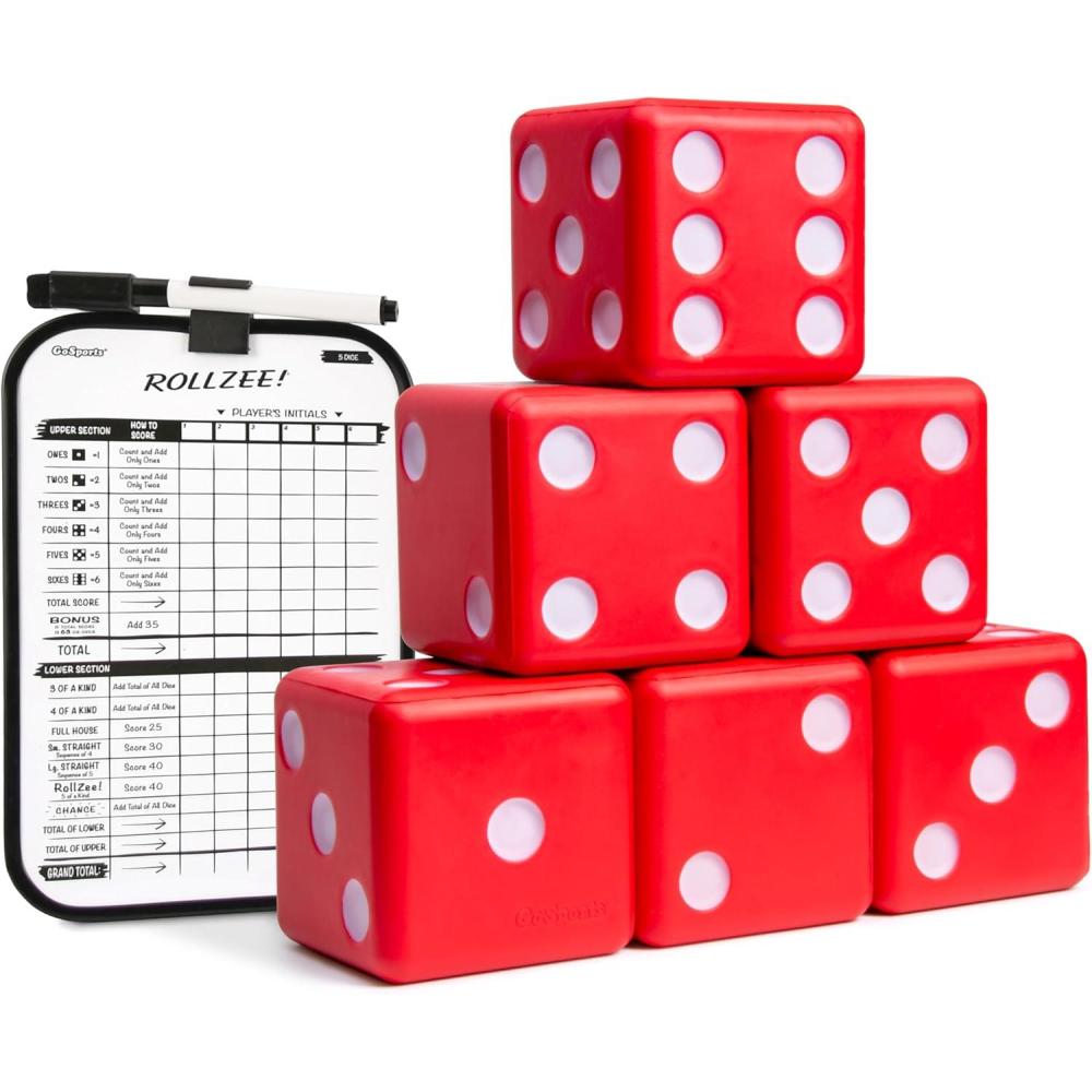 imageGoSports Giant 35 Inch Red Foam Playing Dice Set with Scoreboard Includes 6 Dice DryErase Scoreboard and Carrying Case