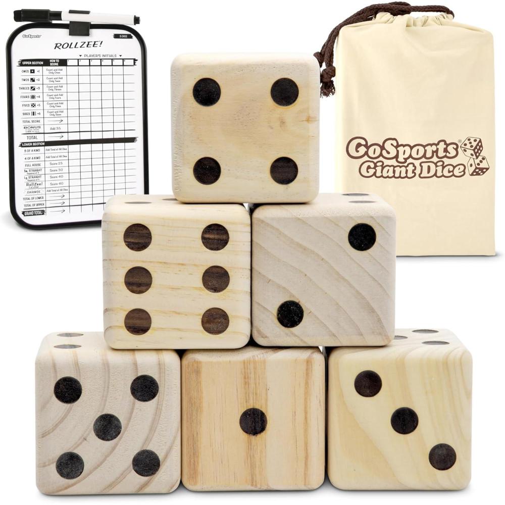 imageGoSports Giant Wooden Playing Dice Set with Rollzee and Farkle Scoreboard Includes 6 Dice DryErase Scoreboard and Canvas Tote Bag Choose 25 Inch or 35 Inch Dice35 Inch Natural Wood Dice