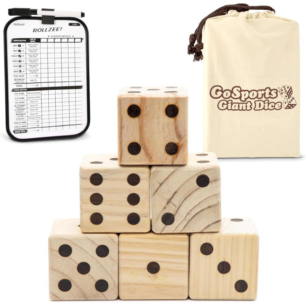 imageGoSports Giant Wooden Playing Dice Set with Rollzee and Farkle Scoreboard Includes 6 Dice DryErase Scoreboard and Canvas Tote Bag Choose 25 Inch or 35 Inch Dice25 Inch Natural Wood Dice