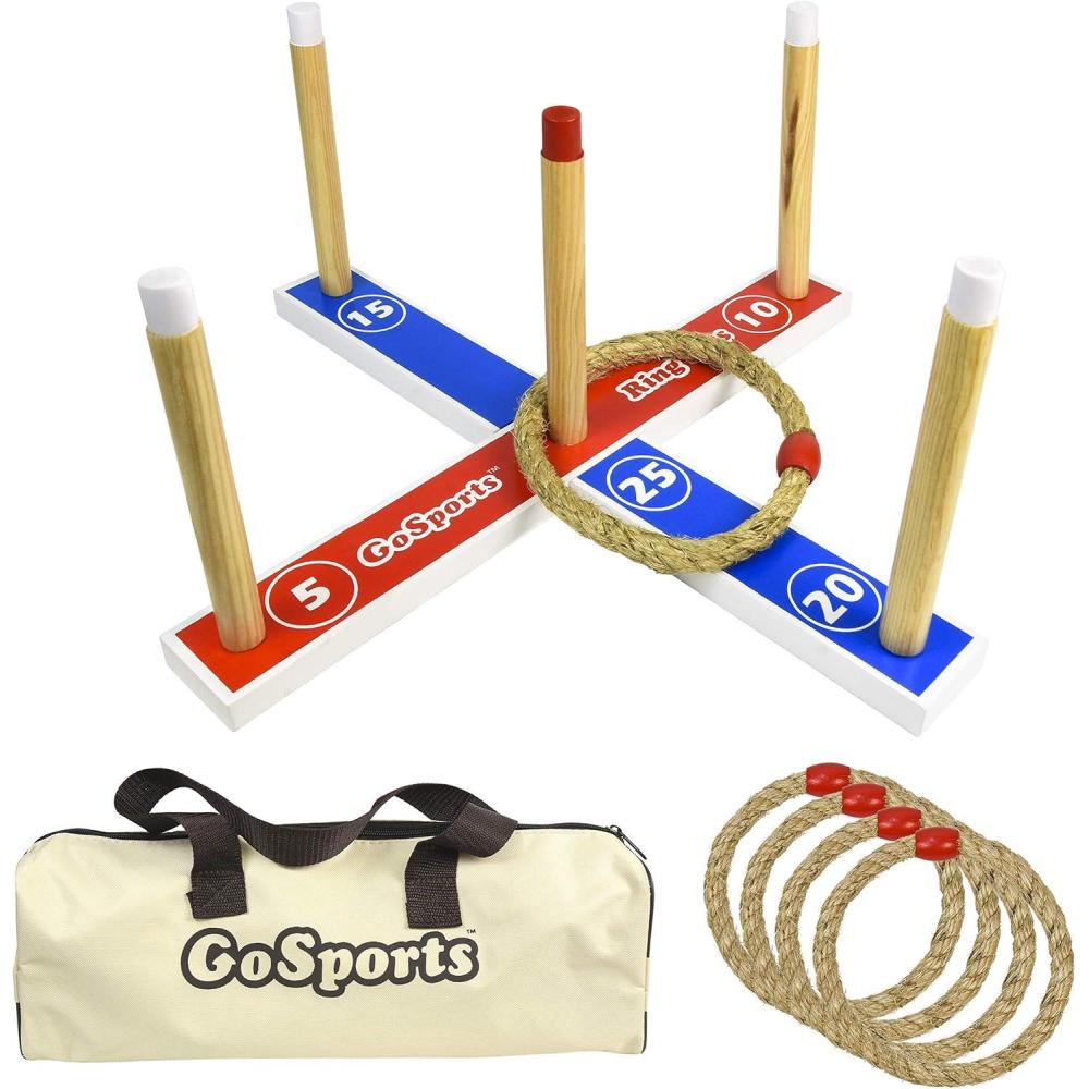 imageGoSports Premium Wooden Ring Toss Game with Carrying Case Outdoor Fun for Kids and Adults
