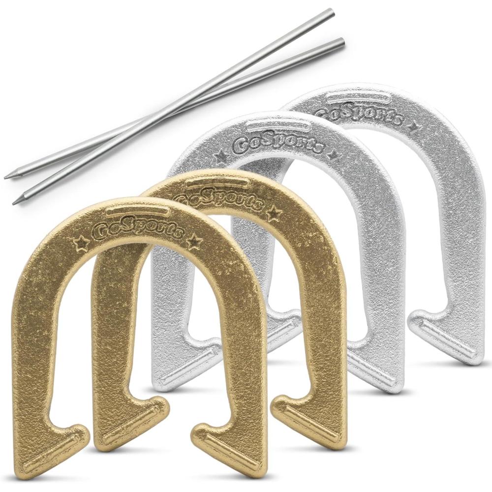 imageGoSports Steel Horseshoes Outdoor Game Set  Gold ampamp Silver or Red ampamp Blue  Official Size and WeightGold  Silver