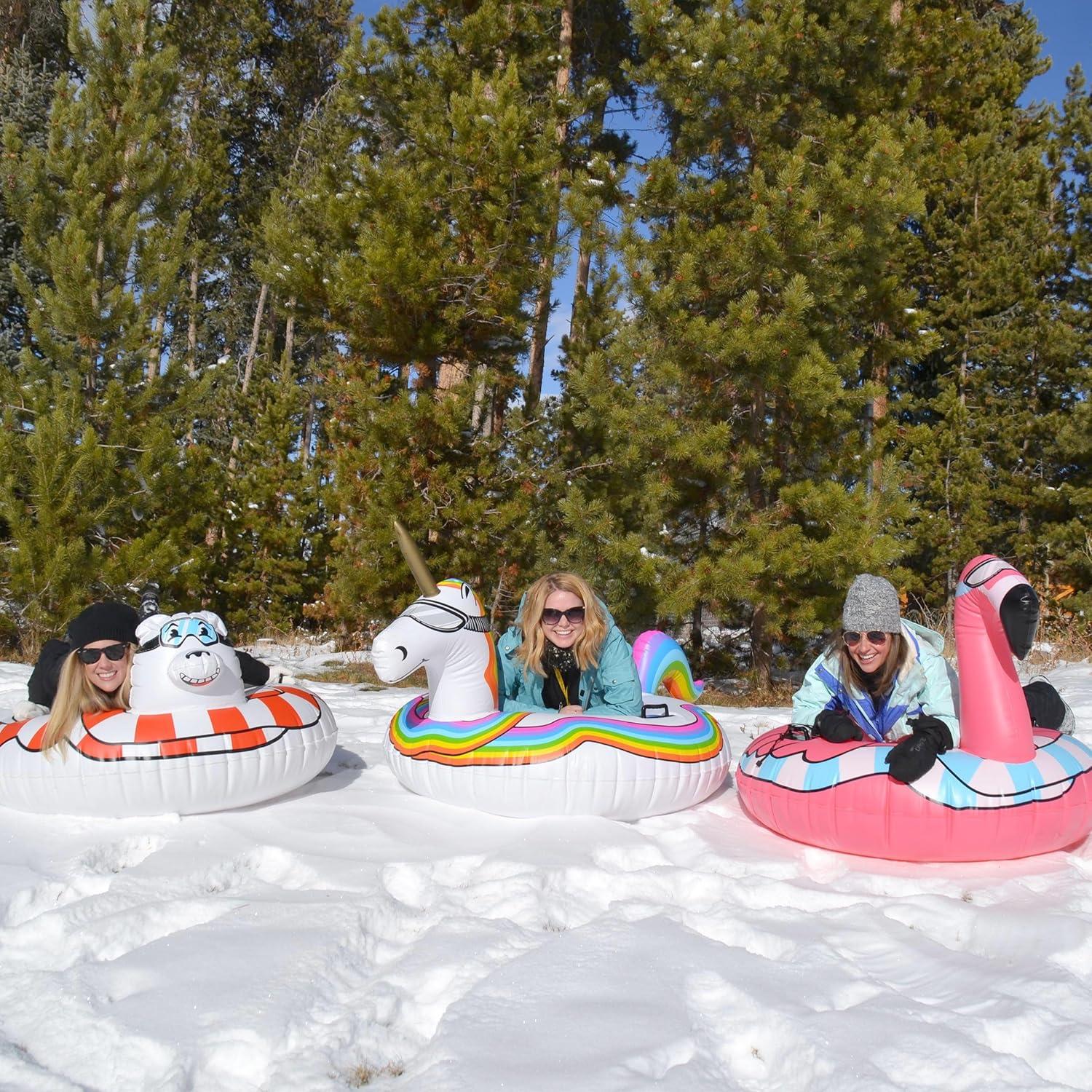 imageGoFloats Winter Snow Tubes Choose from Unicorn Disneys Frozen Ice Dragon Polar Bear Penguin Flamingo Inflatable Sled for Kids and AdultsPink