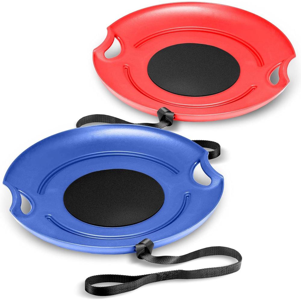 imageGoSports 29 Inch HeavyDuty Winter Snow Saucer with Padded Seat and Hand Pull Strap Choose Your Style2 Pack Red Blue