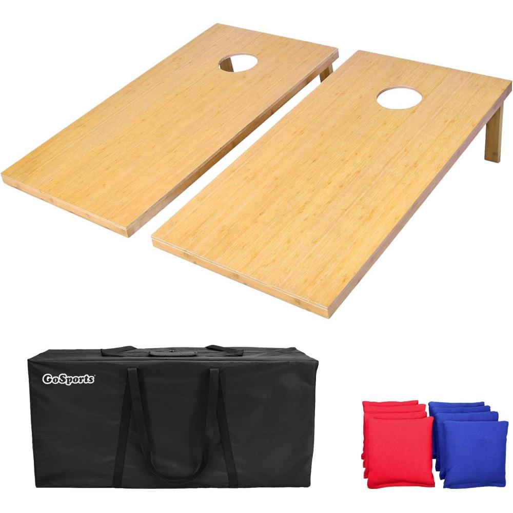 imageGoSports Bamboo Cornhole Toss Game Set with 8 Bean Bags ampamp Carrying Case Choose Regulation or Tailgate Size BoardsRegulation Size 4ft x 2ft