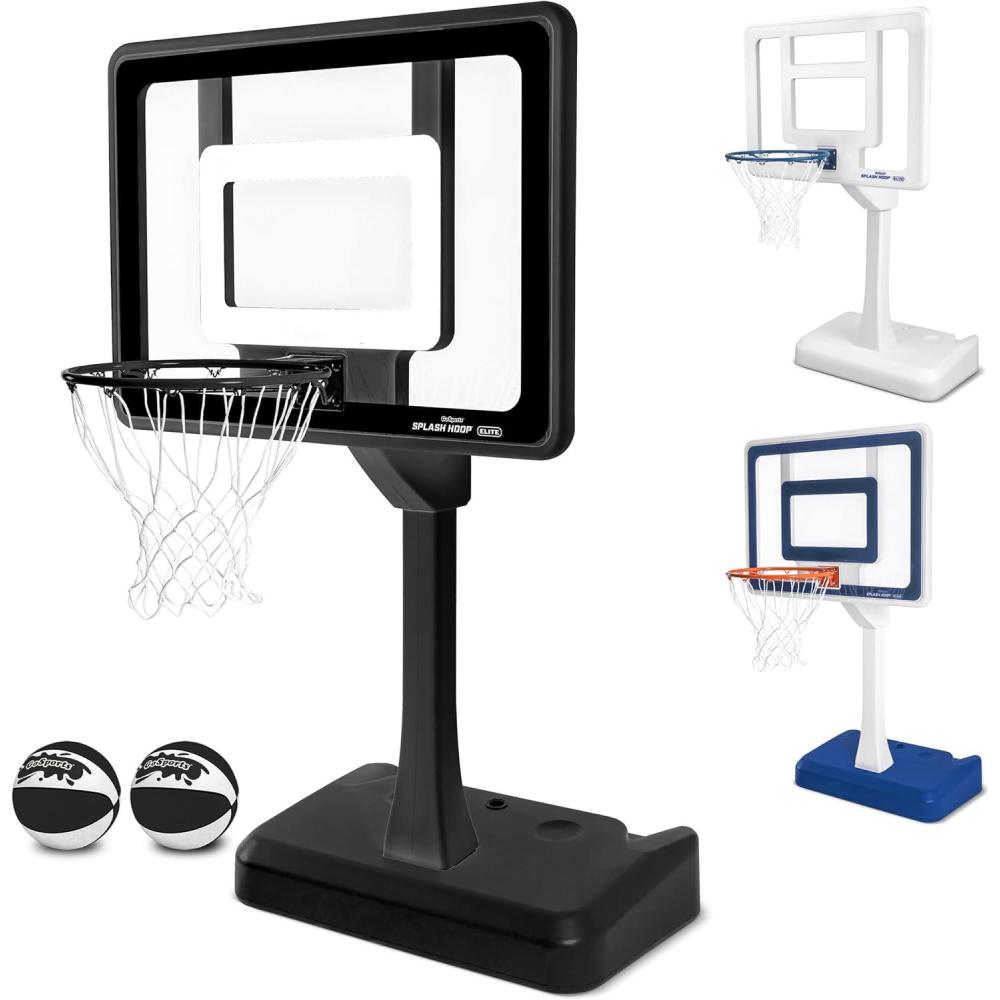 imageGoSports Splash Hoop Elite  Adjustable Height or Fixed Post  Pool Hoop Basketball Game with Water Weighted Base Regulation Steel Rim and 2 Pool BasketballsElite Adjustable  Black