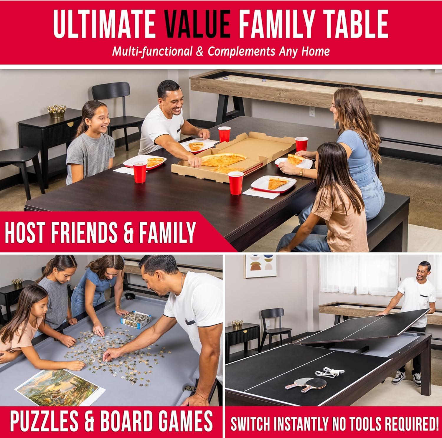 imageGoSports 3 in 1 Pool Dining ampamp Table Tennis Combo Table and Storage Benches 7 ft or 8 ft Convertible Billiards and Table Tennis with Accessories8 ft Dark Oak Table