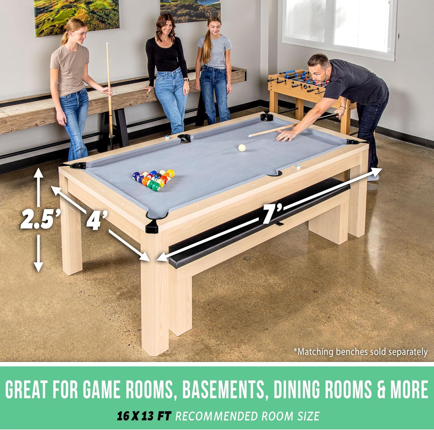 imageGoSports 3 in 1 Pool Dining ampamp Table Tennis Combo Table and Storage Benches  7 ft or 8 ft  Convertible Billiards and Table Tennis with Accessories7 ft Light Birch Table