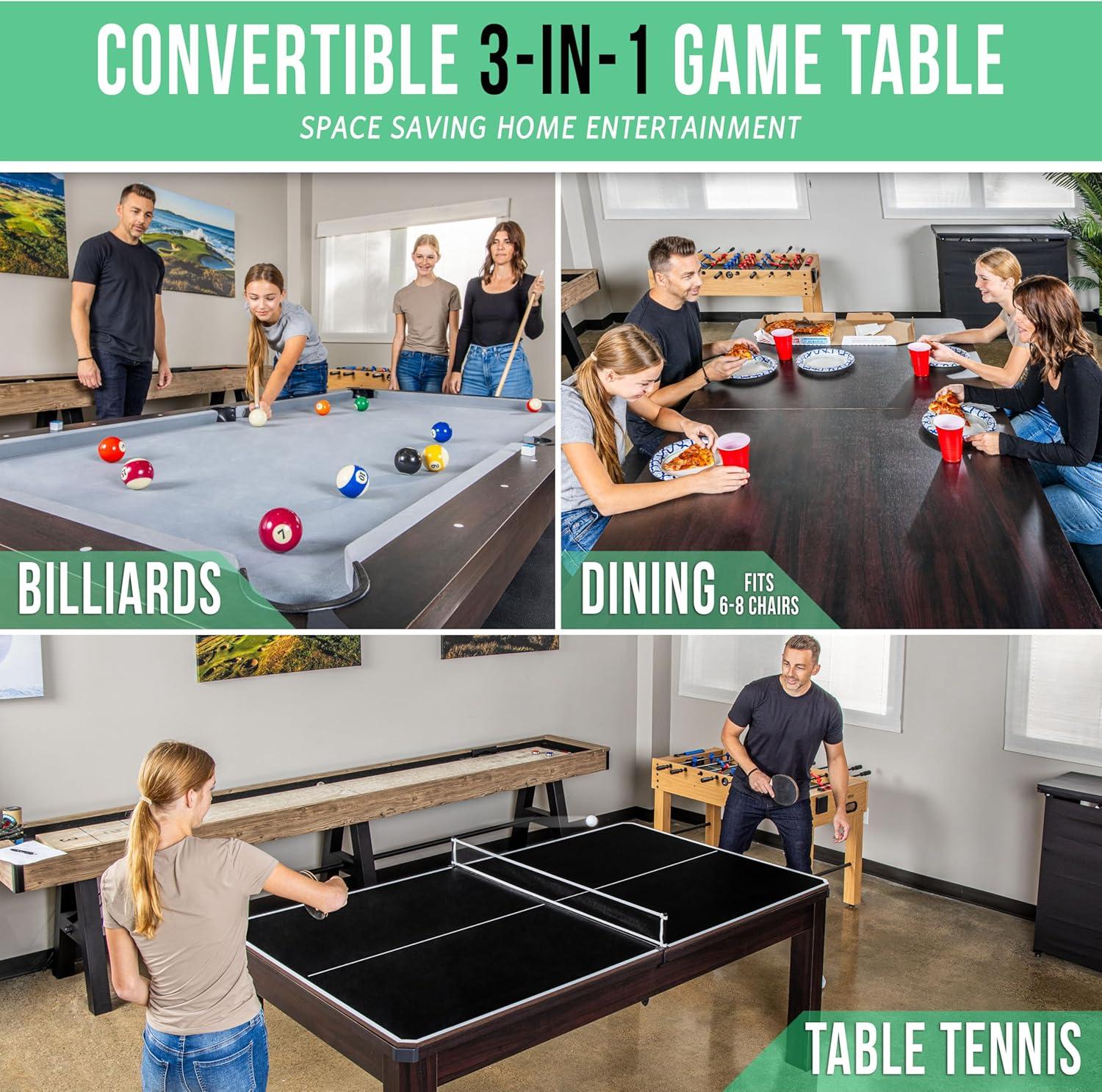 imageGoSports 3 in 1 Pool Dining ampamp Table Tennis Combo Table and Storage Benches  7 ft or 8 ft  Convertible Billiards and Table Tennis with Accessories7 ft Dark Oak Table