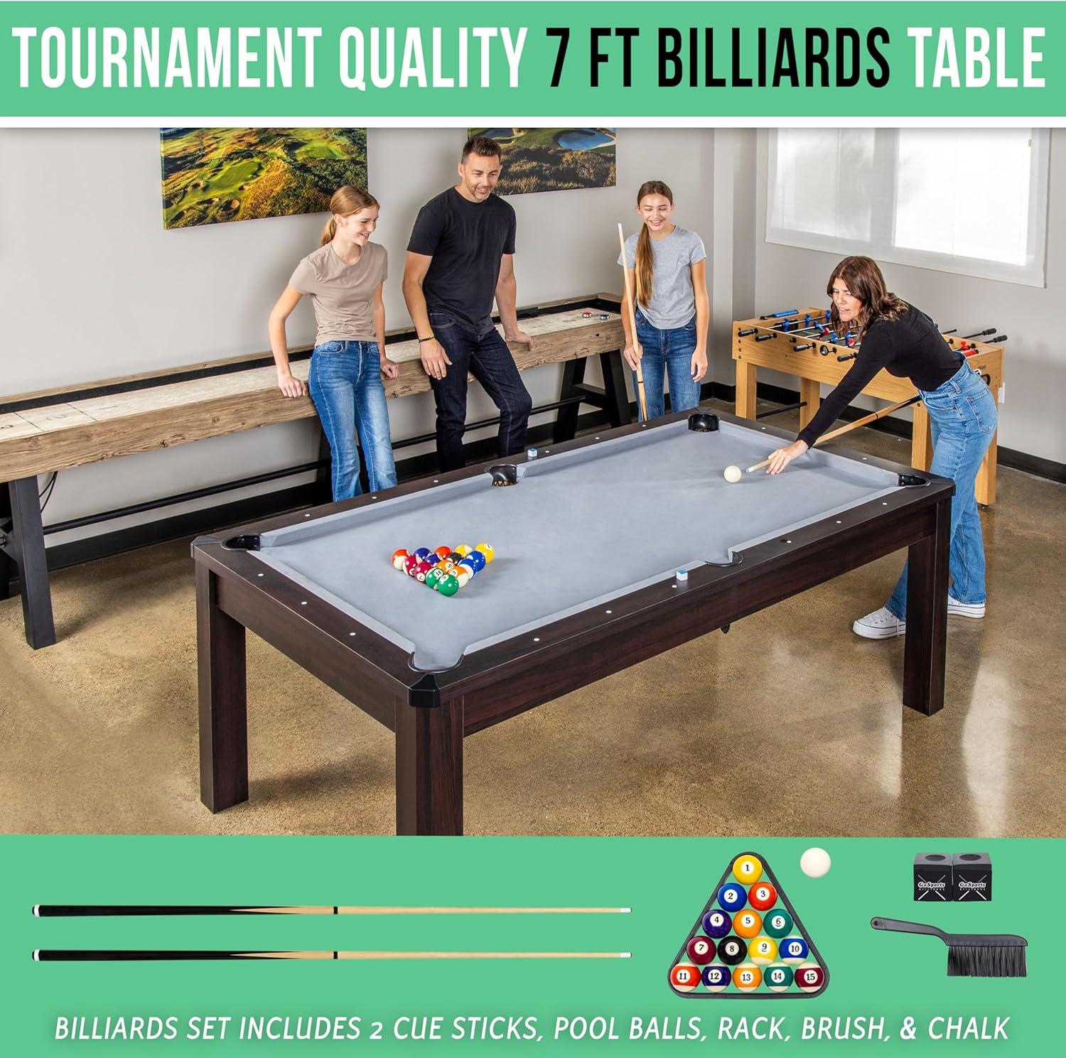 imageGoSports 3 in 1 Pool Dining ampamp Table Tennis Combo Table and Storage Benches  7 ft or 8 ft  Convertible Billiards and Table Tennis with Accessories7 ft Dark Oak Table