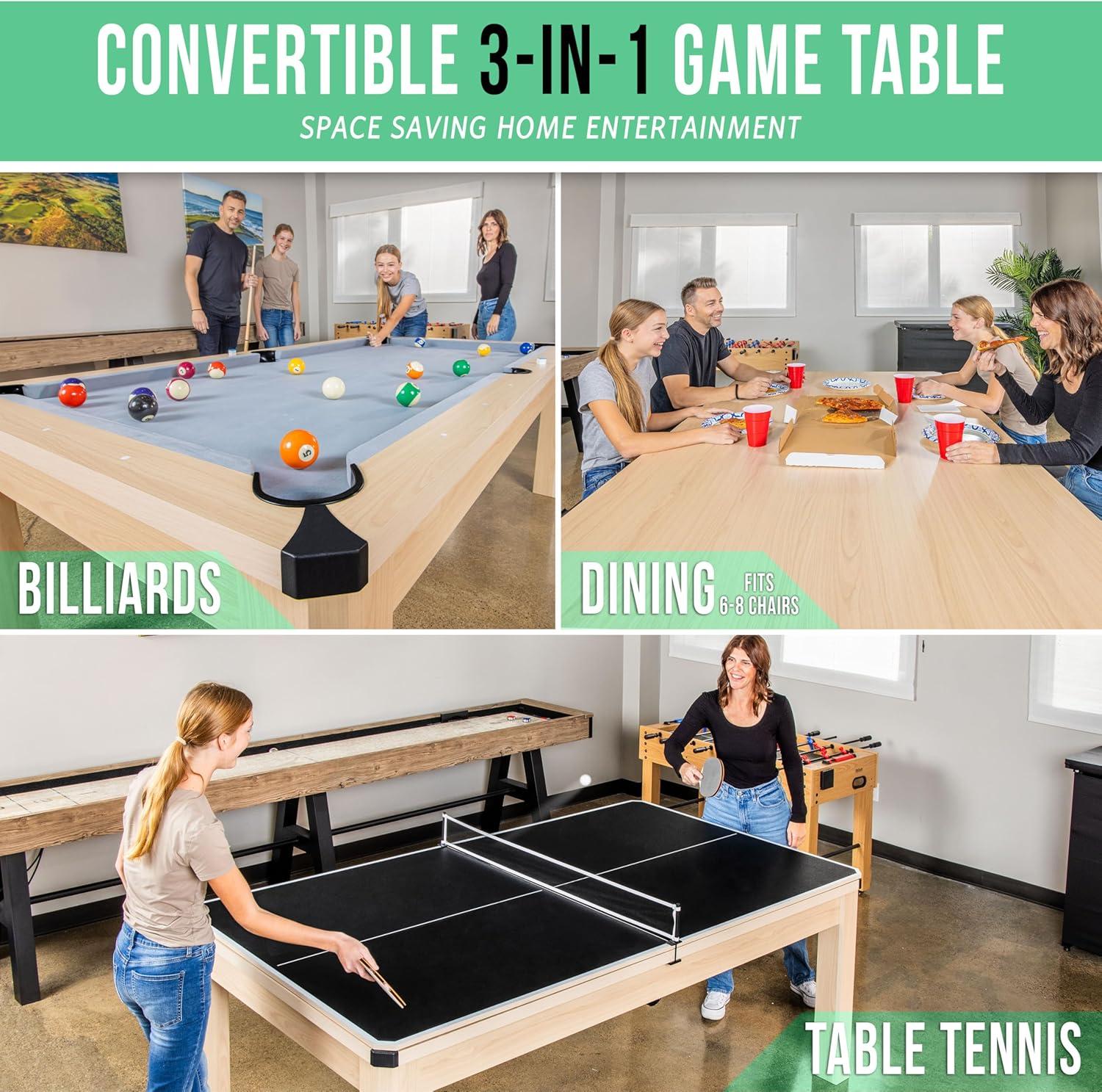 imageGoSports 3 in 1 Pool Dining ampamp Table Tennis Combo Table and Storage Benches  7 ft or 8 ft  Convertible Billiards and Table Tennis with Accessories7 ft Light Birch Table