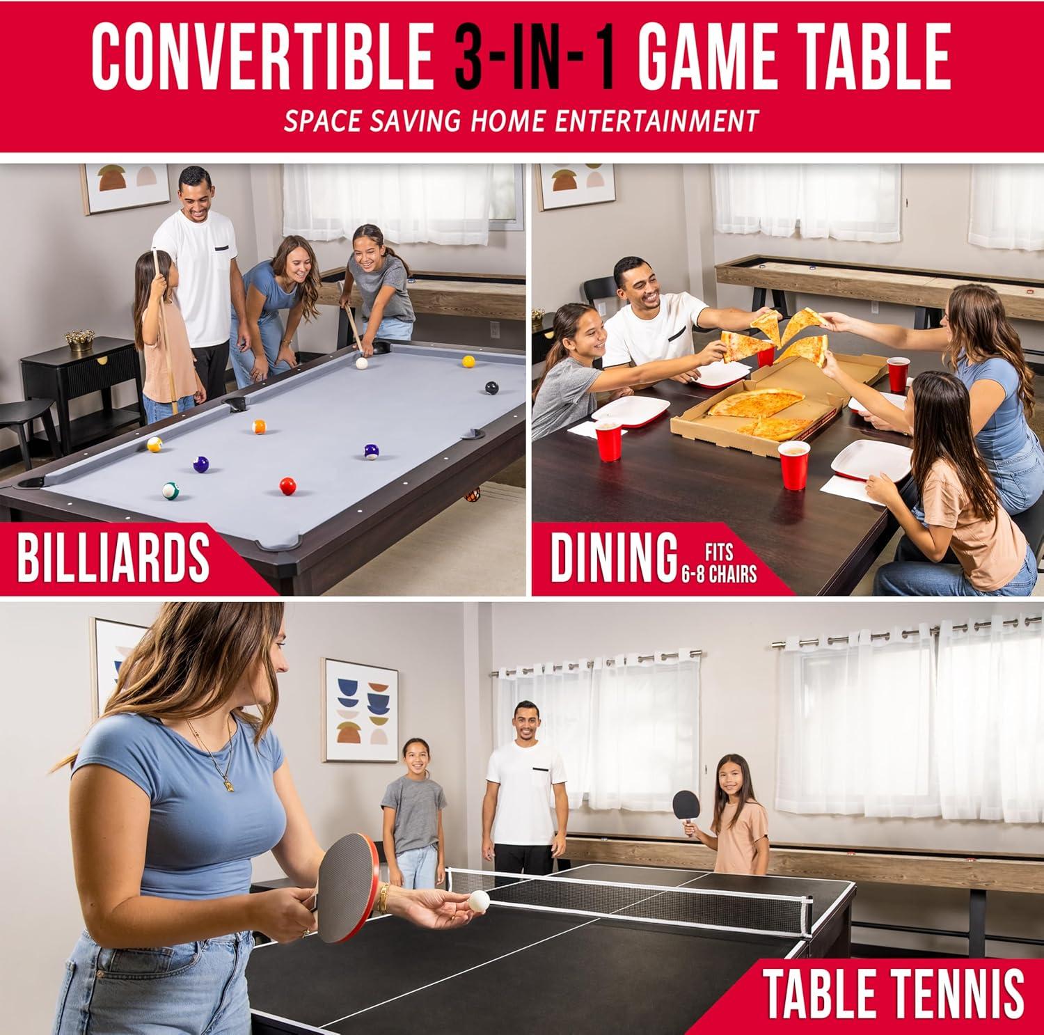 imageGoSports 3 in 1 Pool Dining ampamp Table Tennis Combo Table and Storage Benches 7 ft or 8 ft Convertible Billiards and Table Tennis with Accessories8 ft Dark Oak Table