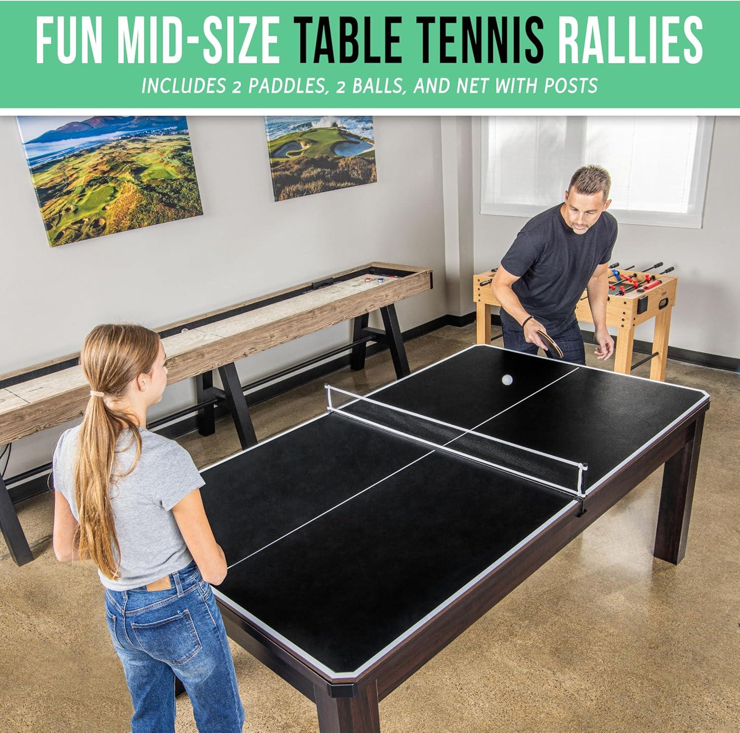 imageGoSports 3 in 1 Pool Dining ampamp Table Tennis Combo Table and Storage Benches  7 ft or 8 ft  Convertible Billiards and Table Tennis with Accessories7 ft Dark Oak Table