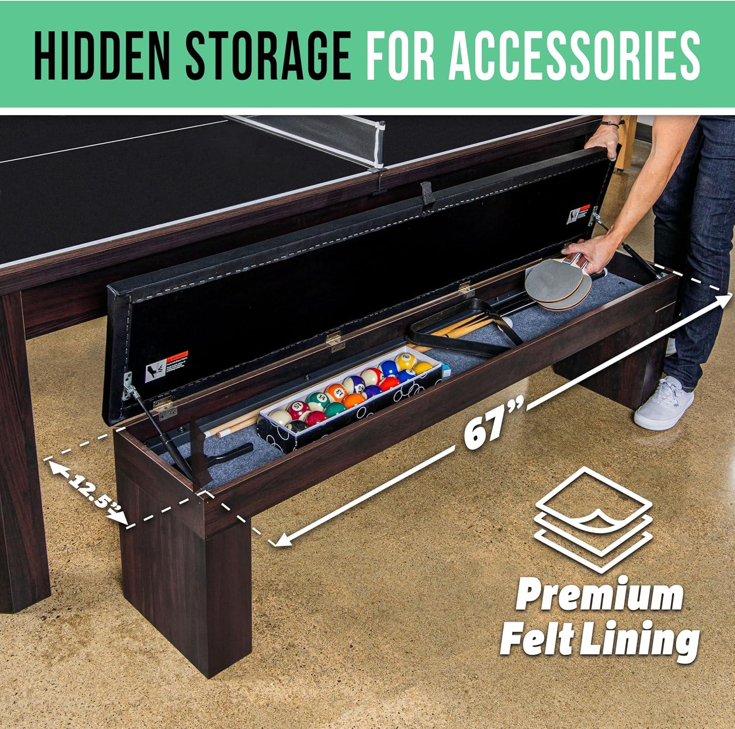 imageGoSports 3 in 1 Pool Dining ampamp Table Tennis Combo Table and Storage Benches 7 ft or 8 ft Convertible Billiards and Table Tennis with AccessoriesDark Wood Bench