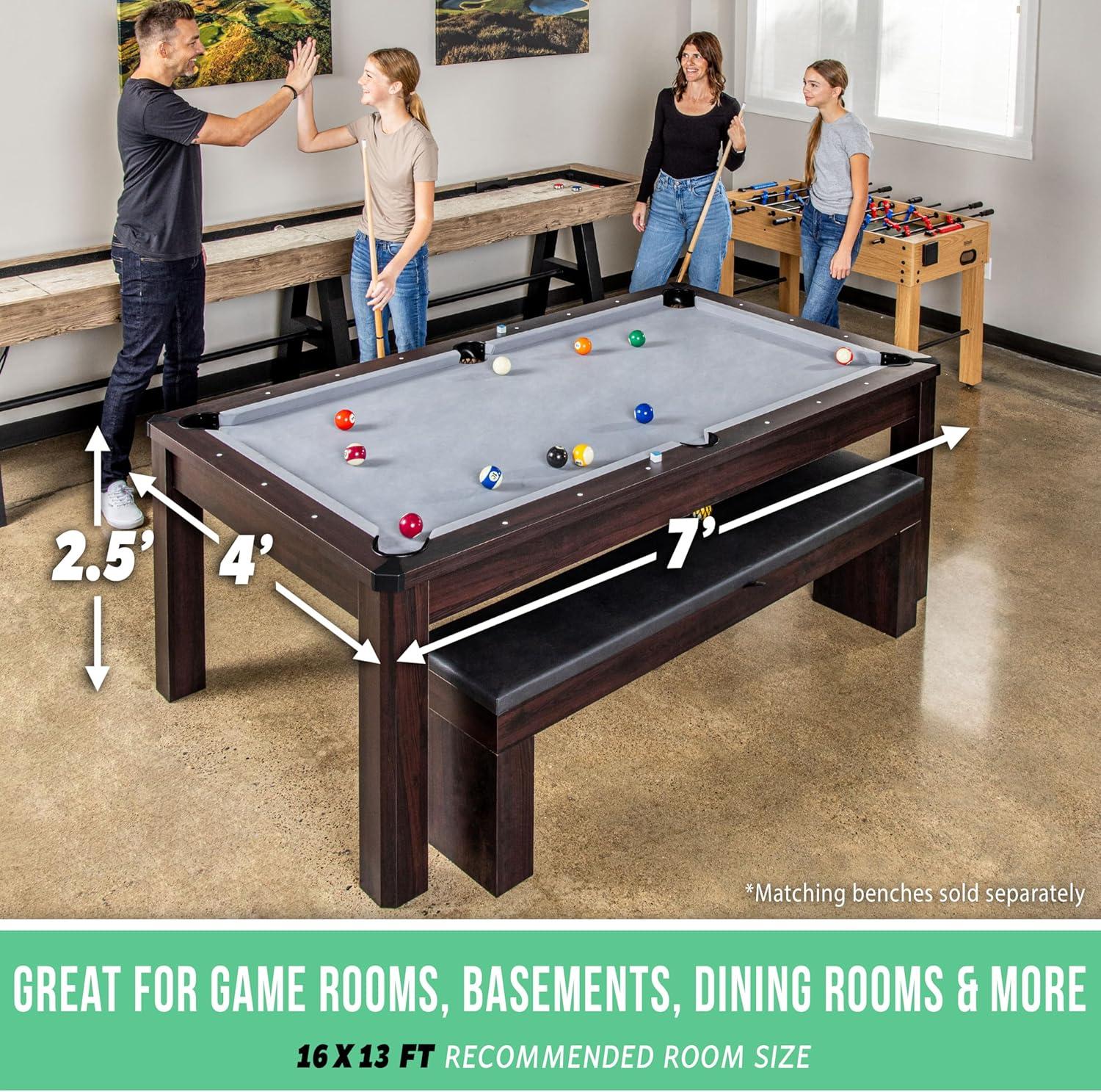 imageGoSports 3 in 1 Pool Dining ampamp Table Tennis Combo Table and Storage Benches  7 ft or 8 ft  Convertible Billiards and Table Tennis with Accessories7 ft Dark Oak Table
