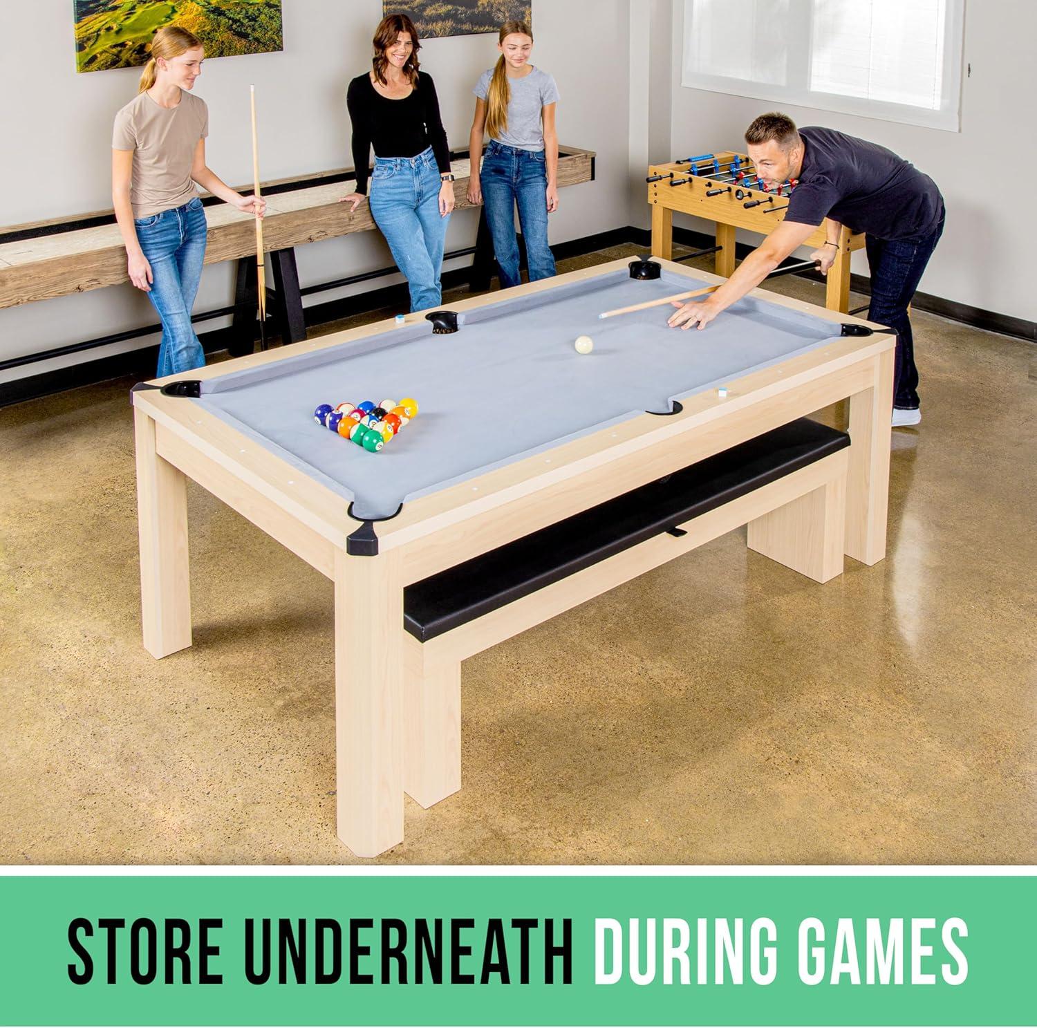 imageGoSports 3 in 1 Pool Dining ampamp Table Tennis Combo Table and Storage Benches 7 ft or 8 ft Convertible Billiards and Table Tennis with AccessoriesLight Wood Bench