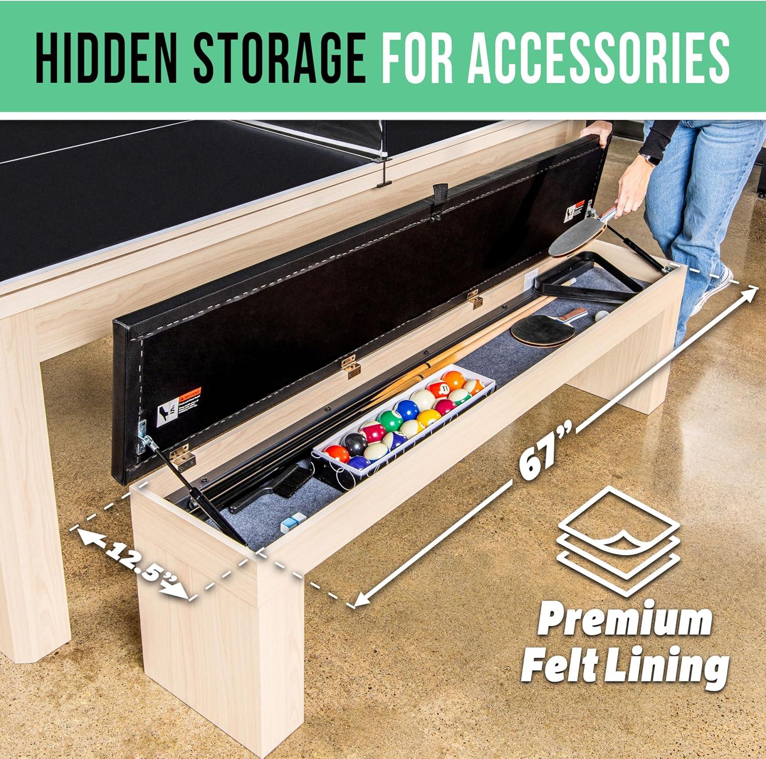 imageGoSports 3 in 1 Pool Dining ampamp Table Tennis Combo Table and Storage Benches 7 ft or 8 ft Convertible Billiards and Table Tennis with AccessoriesLight Wood Bench