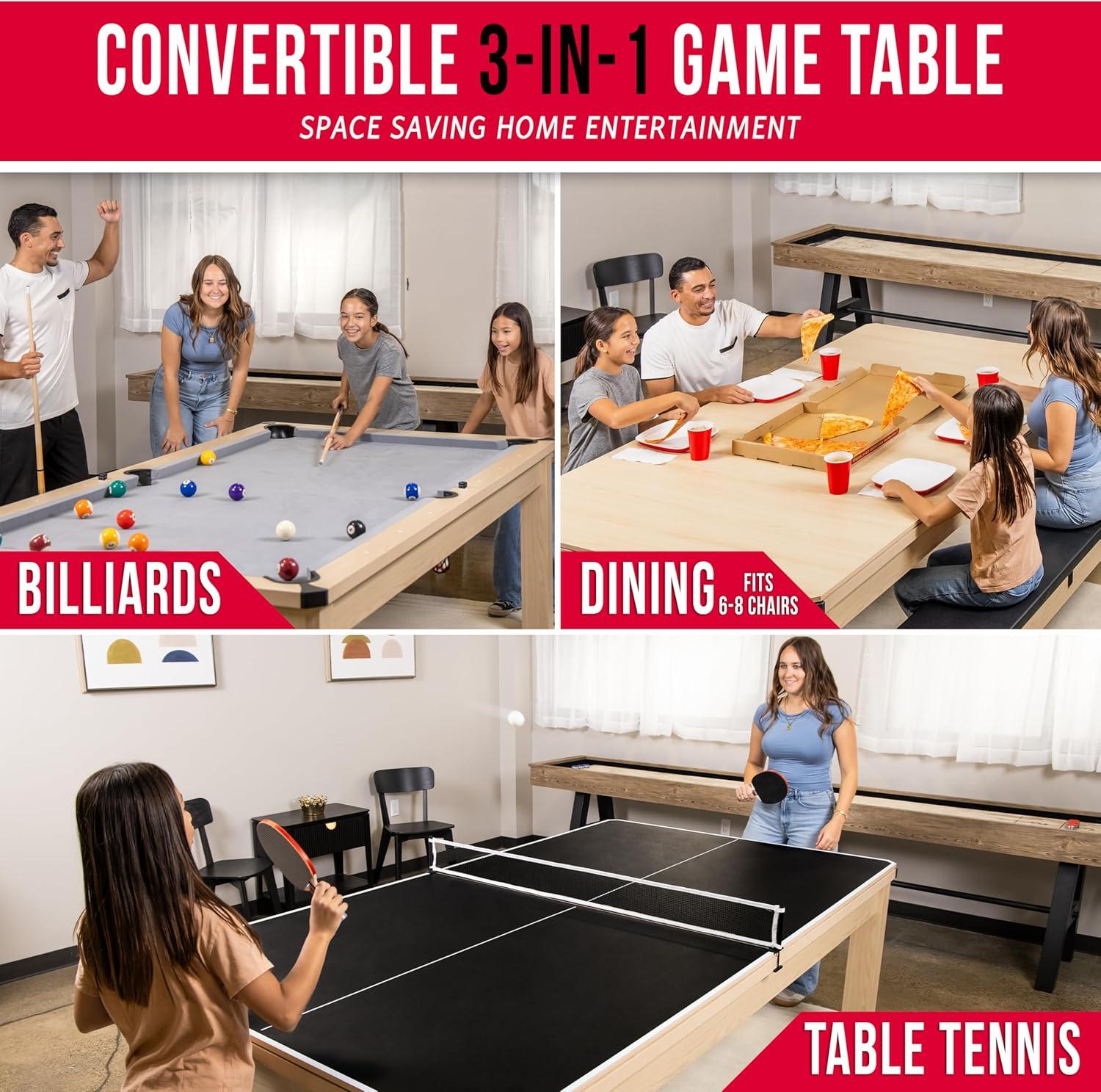 imageGoSports 3 in 1 Pool Dining ampamp Table Tennis Combo Table and Storage Benches  7 ft or 8 ft  Convertible Billiards and Table Tennis with Accessories8 ft Light Birch Table