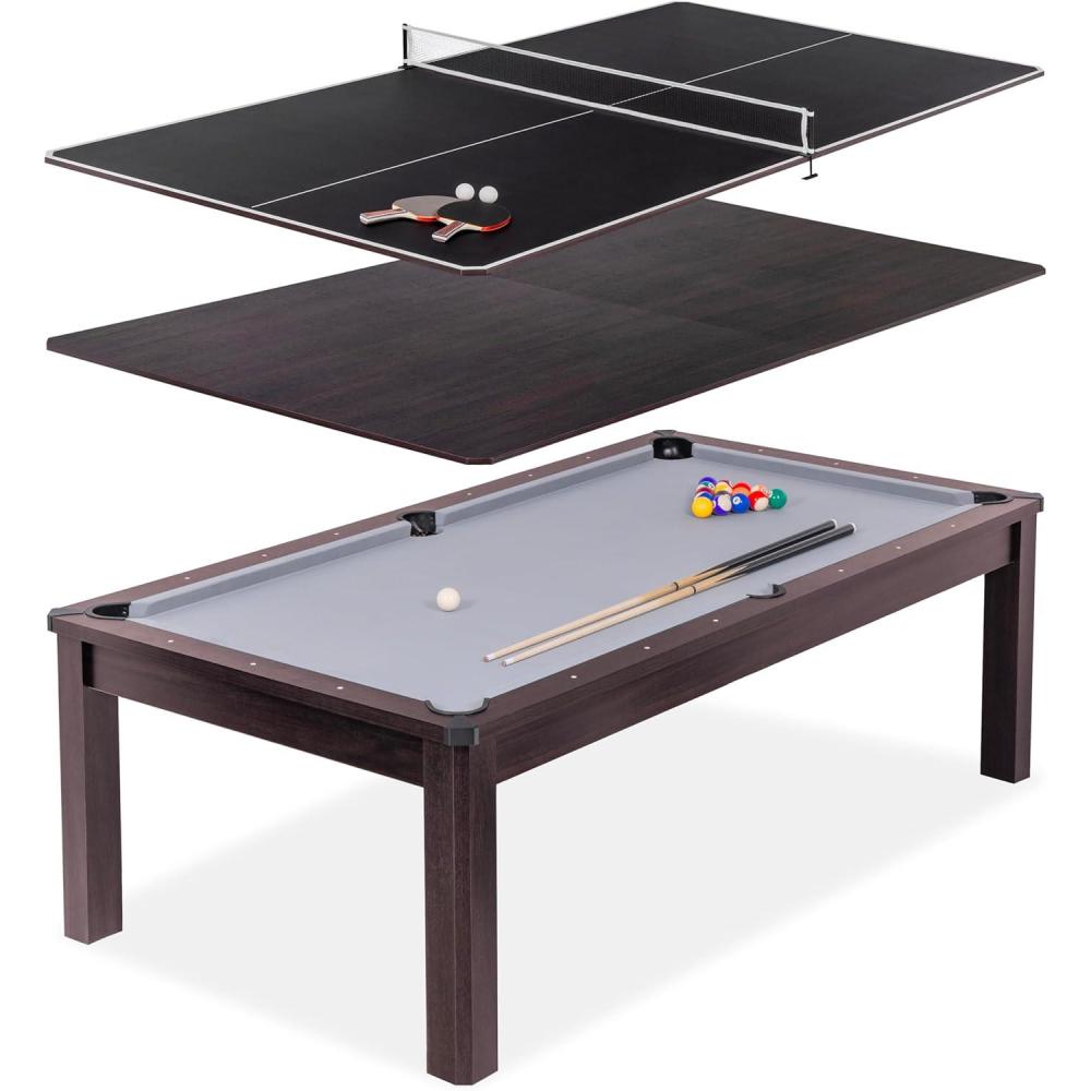 imageGoSports 3 in 1 Pool Dining ampamp Table Tennis Combo Table and Storage Benches  7 ft or 8 ft  Convertible Billiards and Table Tennis with Accessories8 ft Dark Oak Table