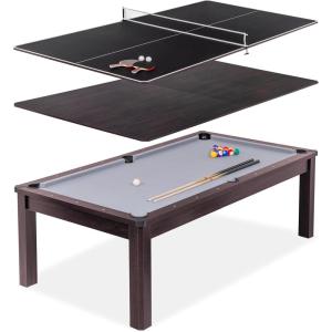 GoSports 3 in 1 Pool, Dining, & Table Tennis Combo Table and Storage Benches – 7 ft or 8 ft – Convertible Billiards and Table Tennis with Accessories(8 ft Dark Oak Table)