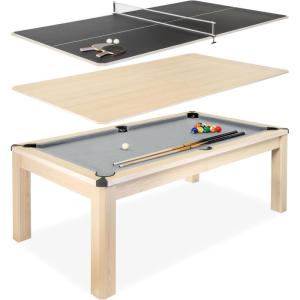 GoSports 3 in 1 Pool, Dining, & Table Tennis Combo Table and Storage Benches – 7 ft or 8 ft – Convertible Billiards and Table Tennis with Accessories(7 ft Light Birch Table)