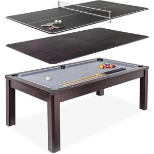 GoSports 3 in 1 Pool, Dining, & Table Tennis Combo Table and Storage Benches – 7 ft or 8 ft – Convertible Billiards and Table Tennis with Accessories(7 ft Dark Oak Table)