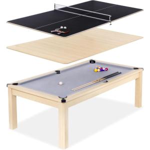 GoSports 3 in 1 Pool, Dining, & Table Tennis Combo Table and Storage Benches – 7 ft or 8 ft – Convertible Billiards and Table Tennis with Accessories(8 ft Light Birch Table)
