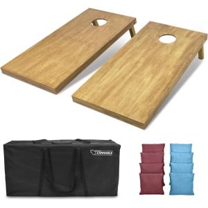 GoSports 4 ft x 2 ft Regulation Size Wooden Cornhole Boards Set with Light Brown Finish – Includes Carrying Case (Choose Your Colors)(Burgundy & Light Blue)
