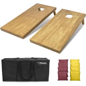 GoSports 4 ft x 2 ft Regulation Size Wooden Cornhole Boards Set with Light Brown Finish – Includes Carrying Case (Choose Your Colors)(Burgundy & Yellow)